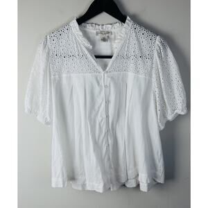 Laura Ashley Top 1X White Eyelet Puff Sleeve Boho Peasant 100% Cotton